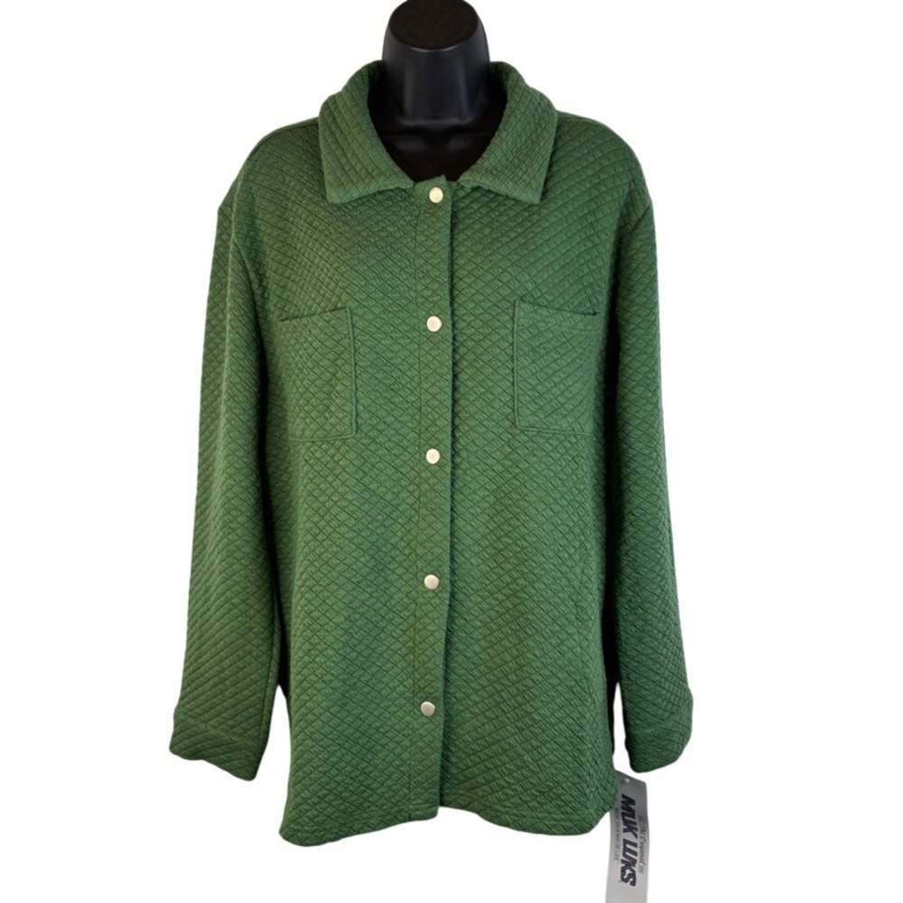 NWT Muk Luks Women's Quilted Shirt Jacket Green Snap Front Shacket Size Large